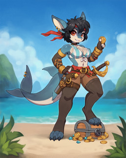 anthro black_hair clothed clothing coin female fingers flintlock_pistol gold_(metal) gold_coin hair holding_coin holding_object lock melee_weapon navel pirate short_hair solo sword treasure_chest weapon asimos aquatic fish shark 2025 4:5 digital_media_(artwork) hi_res