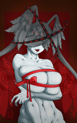 big_breasts bow_ribbon breasts clothing clothing_pull covered_eyes feathered_wings feathers female fingers grey_body grey_skin halo huge_breasts lips lipstick long_nails makeup nails not_furry pale_skin ribbons simple_background solo wide_hips wings roodyyelen angel fallen_angel humanoid 5:8 digital_drawing_(artwork) digital_media_(artwork) hi_res
