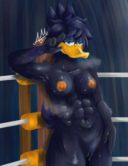 abs anthro big_breasts blue_eyes bodily_fluids box breasts breath brown_nipples clothing container dark_body dark_skin female muscular muscular_anthro muscular_female musk navel nipples non-mammal_breasts non-mammal_navel non-mammal_nipples nude solo walanobo anatid anseriform avian bird duck absurd_res hi_res