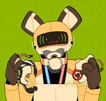 ambiguous_gender anthro brown_ears front_view motion_lines orange_body sex_toy solo tan_body tan_inner_ear text vibrator 0ct0m0n0 robot_anthro artist_name bust_portrait hi_res portrait