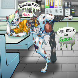 anthro armpit_sniffing ball_tuft balls_deep bent_over bent_over_table bite biting_lip blue_eyes blush bodily_fluids bottomwear bottomwear_down clothed clothing co-worker cum cum_drip detailed_background digitigrade dripping duo electronics eyes_closed foreskin genital_fluids genitals hug humping implied_musk leaking_precum male male/male musk pants pants_down partially_clothed penetration penis phone precum propped_up pubes raised_leg reach_around restaurant size_difference sniffing tuft thatdamngoat felid feline lagomorph mammal 1:1 detailed