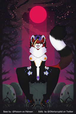anthro breasts cemetery cheek_tuft claws clitoris clitoris_piercing complex_markings ear_chain ear_piercing ear_ring ear_stud ear_tuft eye_markings eye_scar eyeliner facial_scar facial_tuft fangs feet female fluffy fluffy_hair fluffy_tail genital_piercing genitals guiche_piercing hair happy holidays horn inner_ear_fluff jewelry leg_markings makeup markings moon neck_tuft night nipples pawpads piercing playful presenting presenting_vulva raised_tail red_moon ring_piercing scar sitting sky smile solo spread_legs spreading star starry_sky tail teeth thick_thighs thighs_spread toe_claws tombstone tongue tongue_piercing tuft vulva otterlycryptid possxm halloween mythology lucy_(og_scorpio) ailurid dragon hybrid mammal mythological_creature mythological_scalie red_panda scalie absurd_res hi_res
