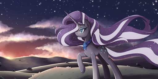 blue_eyes cloud cutie_mark eyeshadow female grass hair horn jewelry makeup multicolored_hair necklace outside plant purple_hair rock sky solo sparkles standing star sunset two_tone_hair white_hair jinzhan hasbro idw_publishing my_little_pony my_little_pony_(idw) mythology nightmare_rarity_(idw) equid equine mammal mythological_creature mythological_equine unicorn 2014