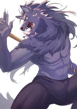 abs anthro athletic athletic_anthro athletic_male black_body black_fur black_nose bottomwear clothed clothing fangs fighting_pose fur kemono male melee_weapon pants pointy_ears pose purple_body purple_fur simple_background solo teeth tight_bottomwear tight_clothing tight_pants topless topless_anthro topless_male weapon kouga0225 saikyou_no_shokugyou_wa_yuusha_demo_kenja_demo_naku_kanteishi_(kari)_rashii_desu_yo? claude_abras canid canine canis mammal wolf absurd_res hi_res
