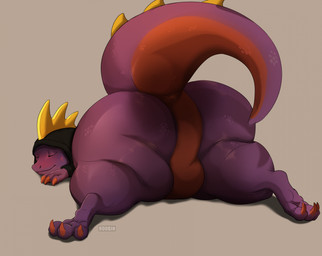 ambiguous_gender big_butt black_clothing black_hoodie black_topwear butt claws clothed clothing eyes_closed hoodie huge_butt lying mouth_closed on_front orange_body orange_claws purple_body rear_view simple_background solo text topwear roobin palworld pocketpair leezpunk pal_(species) artist_name hi_res