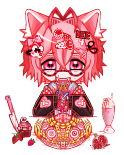 accessory ambiguous_gender anime_style beverage blood bodily_fluids brain cannibalism cupcake eyeball eyewear fangs food fruit glasses gore guts hair hair_accessory hairclip hard_vore intestines knife milkshake organs pink_eyes pink_hair plant pomegranate scissors simple_background solo strawberry teeth vore white_background alunka humanoid hi_res