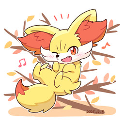 ambiguous_gender autumn_leaves blush blush_lines dipstick_tail emanata fangs feral fur inner_ear_fluff looking_at_viewer markings musical_note musical_symbol one_eye_closed open_mouth orange_body orange_eyes orange_fur solo symbol tail tail_markings teeth tuft white_body white_fur yellow_body yellow_fur nekogyo122 nintendo pokemon canid canine fennekin generation_6_pokemon mammal pokemon_(species) 1:1 2025 dated hi_res