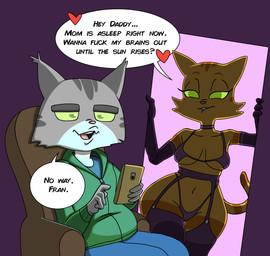age_difference anthro armchair armwear asking asking_another bedroom_eyes belly bent_arm big_breasts big_ears big_eyes big_iris biped bite biting_lip biting_own_lip black_text blush blush_lines blushing_profusely bottomwear bra breasts cellphone chair cheek_tuft choker clothed clothed_anthro clothed_female clothed_male clothing curved_eyebrows daddy_kink dialogue doorway duo ear_tuft elbow_gloves elderly elderly_anthro elderly_male electronics ellipsis eyebrows eyelashes facial_markings facial_tuft female fingers fully_clothed fully_clothed_anthro fully_clothed_male fur fur_tuft furniture garter_belt garter_straps gloves handwear head_markings heart_symbol hearts_around_text holding_cellphone holding_object holding_phone hoodie huge_hips humanoid_hands humor iris jewelry leaning leaning_sideways legs_together legwear lingerie long_eyelashes looking_at_another looking_at_cellphone looking_at_object looking_at_phone male male/female markings mature_anthro mature_female mature_male name_drop name_in_dialogue narrowed_eyes navel necklace no_pupils older_male on_armchair on_chair open_mouth open_smile pants phone pink_blush pointy_ears pose prick_ears profanity pupils question raised_finger rejection seductive self_bite shirt simple_background sitting sitting_on_armchair sitting_on_chair skimpy smile smiling_at_another sparkles speech_bubble standing striped_body striped_face striped_fur striped_head striped_markings striped_tail stripes t-shirt tail tail_markings talking_to_another teeth text text_with_heart thick_eyebrows thick_thighs thigh_highs thong three-quarter_view tongue topwear tuft underwear white_background white_speech_bubble wide_hipped_anthro wide_hipped_female wide_hips yes-no_question younger_female zipper dbaru third-party_edit litterbox_comics no_way_fag fran's_dad_(litterbox_comics) fran_(litterbox_comics) domestic_cat felid feline felis mammal tabby_cat 2026 black_and_white color_edit colored digital_drawing_(artwork) digital_media_(artwork) english_text hi_res meme monochrome spot_color daughter_(lore) father_(lore) father_and_child_(lore) father_and_daughter_(lore) parent_(lore) parent_and_child_(lore) parent_and_daughter_(lore)
