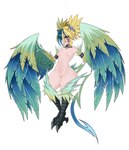 areola avian_feet blonde_hair breasts choker eyelashes facial_markings feathers female genitals green_body green_feathers green_highlights hair hair_over_eye head_markings highlights_(coloring) humanoid_pointy_ears jewelry looking_at_viewer markings monster_girl_(genre) navel necklace nipples nude one_eye_obstructed pink_areola pink_nipples pointy_ears pussy red_eyes simple_background small_breasts solo thick_thighs tongue tongue_out white_background wide_hips winged_arms wings darkge american_mythology european_mythology greek_mythology indigenous_north_american_mythology monster_girl_encyclopedia mythology north_american_mythology thunderbird_(mge) avian harpy humanoid mythological_avian mythological_bird mythological_creature mythological_rainbird mythological_thunderbird thunderbird_humanoid absurd_res hi_res