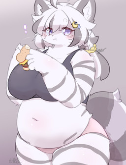accessory ahoge anthro belly big_breasts biped black_bra black_clothing black_underwear blush blush_lines bra breasts burger claws clothed clothing eating eating_food exclamation_point eyelashes female female_anthro finger_claws food front_view fur gradient_background grey_background grey_body grey_ears grey_fur grey_hair grey_stripes grey_tail hair hair_accessory hairclip holding_burger holding_food holding_object humanoid_hands inner_ear_fluff kemono long_hair looking_at_viewer markings multicolored_body multicolored_ears multicolored_fur multicolored_hair multicolored_tail navel overweight overweight_anthro overweight_female panties pink_clothing pink_panties pink_underwear purple_eyes ring_(marking) ringed_tail scrunchie simple_background solo standing striped_body striped_fur striped_markings striped_tail stripes tail tail_markings thick_thighs three-quarter_view tuft two_tone_body two_tone_ears two_tone_fur two_tone_hair two_tone_tail underwear underwear_only whiskers white_body white_ears white_fur white_hair white_inner_ear white_inner_ear_fluff white_tail wide_hips luxiger azuki_(luxiger) domestic_cat felid feline felis mammal 2026 absurd_res colored digital_media_(artwork) hi_res portrait shaded signature simple_shading three-quarter_portrait