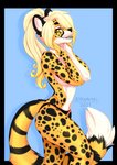 anthro blonde_hair breasts clothed clothing female fur hair markings smile solo spots spotted_body spotted_fur topless yellow_body yellow_fur ei-ka rawaf cheetah felid feline mammal 2021 alpha_channel digital_media_(artwork)