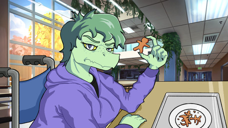 annoyed anthro black_clothing black_shirt black_topwear breasts cafeteria clothed clothed_anthro clothed_female clothing cookie day detailed_background disability female fingers food freckled_face freckles frown furniture green_body green_hair grey_eyes hair hallway holding_cookie holding_food holding_object hoodie humanoid_hands inside looking_at_viewer lunch_tray narrowed_eyes non-mammal_breasts paraplegic plant plate purple_clothing purple_hoodie purple_topwear school shadow shirt short_hair sitting solo table topwear tree vehicle vines wheelchair window yellow_sclera sebek_fereh_ra cavemanon_studios i_wani_hug_that_gator olivia_halford baryonyx dinosaur prehistoric_species reptile saurischian scalie spinosaurid theropod colored hi_res shaded