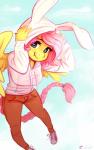 anthro blush bottomwear clothed clothing cotton_tail fangs feathered_wings feathers female hand_on_head happy heart_eyes heart_symbol hood hoodie looking_at_viewer pants simple_background smile solo teeth topwear white_background wings yellow_body yellow_feathers lizombie wick_(artist) friendship_is_magic hasbro my_little_pony mythology cotton_tail_(character) fluttershy_(mlp) equid equine mammal mythological_creature mythological_equine pegasus 2015 artist_collaboration digital_media_(artwork) hi_res shaded