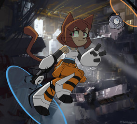 1_eye :3 ambiguous_gender anthro biped blue_eyes brown_body brown_fur brown_hair clothed clothing cosplay crossover_cosplay duo female fur gesture hair hand_gesture looking_at_viewer machine pink_eyes portal portal_gun pupils screencap screencap_background snout solo_focus tail tan_body tan_fur three-quarter_view v_sign whiskers white_pupils thelickinglamp gameoverse glitch_productions portal_(series) valve kaboodle_(gameoverse) kit_bodega felid feline mammal robot 2026 absurd_res crossover digital_drawing_(artwork) digital_media_(artwork) english_description full-length_portrait hi_res portrait signature