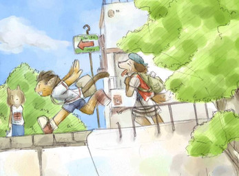 anthro backpack bottomwear brown_body brown_fur clothing detailed_background eyes_closed fur group humanoid_hands kemono outside plant shirt shorts topwear tree utsuki_maito canid canine canis domestic_cat domestic_dog felid feline felis mammal