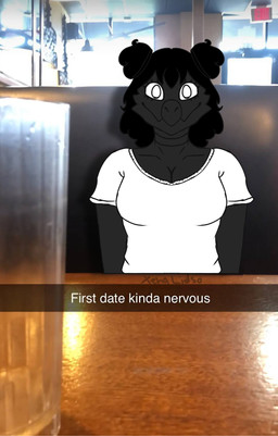 anthro black_body black_hair clothed clothing dialogue female furniture hair looking_at_viewer restaurant short_hair smile smiling_at_another solo stupid_expression table text upper_body white_eyes o895cfl xenalidso nx8 humanoid kobold scalie english_text hi_res