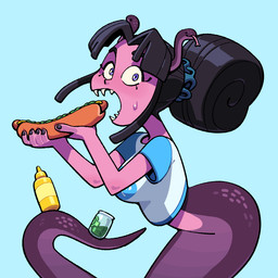 apode breasts clothed clothing female hair legless living_horn looking_at_viewer monster_girl_(genre) serpentine shirt simple_background snake_horn solo split_form tail topwear discount-supervillain snake_girl_(discount_supervillain) draconcopode humanoid lamia reptile scalie snake 1:1 digital_media_(artwork)