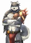 abs anthro armor bandage belt biceps blue_eyes body_hair bottomwear clothed clothing crossed_arms dog_tags ear_piercing fur grey_body grey_fur happy_trail jewelry kerchief loincloth male multicolored_body multicolored_fur muscular muscular_anthro muscular_male navel necklace pecs piercing pose simple_background solo two_tone_body two_tone_fur white_background white_body white_fur dudedle rpbbw kemo_coliseum volga_(kemo_coliseum) canid canine canis domestic_dog husky mammal nordic_sled_dog spitz 2013