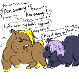 >_< ambiguous_feral ambiguous_gender angry bite blonde_hair bodily_fluids brown_body brown_fur crying dialogue duo eyes_closed feral fur hair hooves open_mouth pain purple_body purple_fur purple_hair purple_hooves simple_background sweat tail tears teeth text white_background yellow_hooves yellow_tail yellowcottoncandy030 fluffy_pony fluffy_pony_(species) mammal 1:1 2025 broken_language digital_media_(artwork) english_text hi_res father_(lore) parent_(lore)