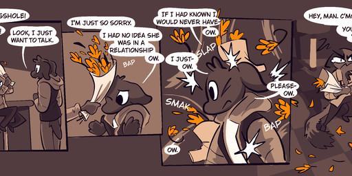 anthro apology bouquet dialogue duo fluffy fluffy_tail hitting improvised_weapon male petals profanity tail text threatening vanilla_candy amelia_is_calling canid canine canis domestic_cat domestic_dog felid feline felis mammal comic english_text hi_res restricted_palette