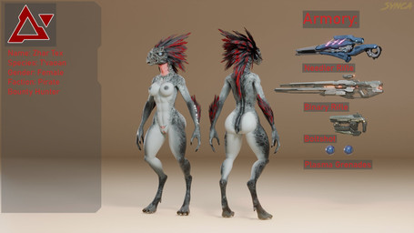 3_fingers 3_toes anthro anus arm_feathers arm_tattoo arm_tuft avian_caruncle barely_visible_anus beak binary_rifle blue_eyes breasts butt claws covenant_alphabet_(halo) digitigrade energy_weapon explosives feather_hair feathered_crest feathers feet female finger_claws fingers front_view genitals grenade grey_body grey_feathers grey_nipples head_crest highlights_(coloring) needle_rifle nipples non-mammal_breasts non-mammal_nipples non-mammal_vulva nude pseudo_hair pupils rear_view red_body red_feathers red_highlights sharp_teeth short_tail simple_background slit_pupils solo standing tail tattoo teeth text toe_claws toes tuft vulva weapon womb_tattoo synca pickle_juice_(modeler) halo_(series) microsoft xbox_game_studios alien avian kig-yar scalie t'vaoan 16:9 3d_(artwork) colored digital_media_(artwork) english_text hi_res model_sheet widescreen