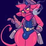 :3 anthro bulge cigar clothing cowboy_hat fur gloves handwear hat headgear headwear holster horn kerchief leotard male red_body red_fur smoking smug solo spade_tail tail yellow_sclera astralsheep kings_of_hell gremile_'hotshot' demon imp 1:1