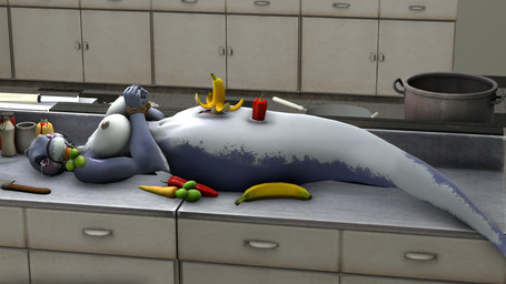 anal anal_penetration anthro anus banana bdsm big_breasts bodily_fluids bondage bound breasts character_prepared_as_food double_penetration female female_anthro food food_fetish food_in_ass food_in_pussy food_insertion food_play fruit genitals hands_tied improvised_sex_toy kitchen lying nipples non-mammal_breasts non-mammal_nipples nude penetration plant solo split_form tail tears vaginal vaginal_penetration vegetable vulva bbdworks aquatic fish merfolk shark 3d_(artwork) colored digital_media_(artwork) hi_res