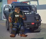 anthro armored_vehicle bulletproof_vest eyewear eyewear_on_head gun law_enforcement male police police_officer police_vehicle ranged_weapon shell_(projectile) shotgun shotgun_shell solo sunglasses sunglasses_on_head tactical tactical_gear vehicle weapon boardwalkfogg swat gus_(grizzlygus) bear brown_bear grizzly_bear kodiak_bear mammal ursine digital_media_(artwork)