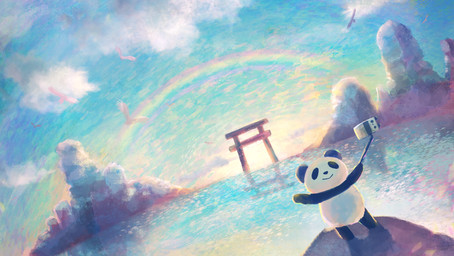 black_body black_fur cellphone chibi detailed_background electronics fur kemono multicolored_body multicolored_fur outside phone rainbow selfie selfie_stick smartphone two_tone_body two_tone_fur water white_body white_fur araru bear giant_panda mammal 2020 absurd_res hi_res