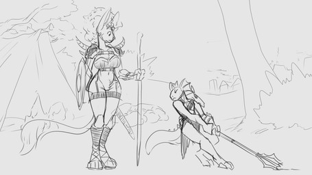afro anthro armor big_breasts big_ears bottomless bottomless_anthro bottomless_female breasts casual_exposure clothed clothing duo female frill_(anatomy) fur genitals hair headgear holding_object horn mace male male/female melee_weapon shield simple_background size_difference sword topwear tuft vulva weapon boonedog hybrid kobold mammal reptile scalie 16:9 digital_media_(artwork) monochrome widescreen