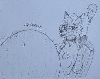 air_inflation anthro balloon belly big_belly birthday bodily_fluids chair cheek_tuft choker clothing eyewear facial_tuft female fur furniture glasses hair inflatable inflation jewelry looking_at_viewer mane mane_hair mohawk navel necklace onomatopoeia round_glasses shirt solo sound_effects stretch_marks sweat sweatdrop text topwear tuft patchwork_weasel canid canine fox mammal hi_res sketch