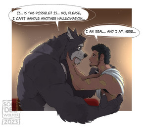 anthro bodily_fluids crying duo fur male size_difference tears text soradezwolfox adastra adastra_(series) echo_project amicus_(adastra) marco_(adastra) canid canine canis human mammal wolf 2023 english_text hi_res
