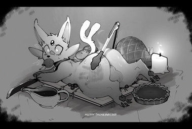 apple apple_in_mouth balls bodily_fluids bread candle character_prepared_as_food cooking feral food food_fetish food_in_mouth food_play fruit genitals ham hand_print holidays knife male meat pastry pawpads paws pie plant pork quadruped rear_view slap_mark solo spank_marks sweat tongs tools goonie-san nintendo pokemon thanksgiving eeveelution espeon generation_2_pokemon pokemon_(species) hi_res monochrome signature