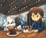 anthro brown_hair cake candy chocolate claws clothing dessert duo excited food hair hoodie male scarf tapping_fingers topwear yellow_eyes doodlersand bandai_namco digimon digimon_ghost_game hiro_amanokawa ceratopsian digimon_(species) dinosaur gammamon human mammal ornithischian prehistoric_species reptile scalie triceratops animated no_sound short_playtime webm