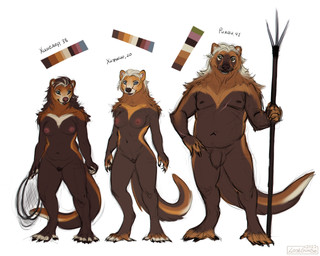 anthro areola arm_tuft balls belly big_belly black_lips blue_eyes brown_background brown_balls brown_body brown_fur brown_nose brown_penis brown_tail color_swatch female front_view fur genitals glistening glistening_eyes green_eyes group hair hand_on_hip holding_object lips long_hair looking_at_viewer male multicolored_hair navel neck_tuft nipples nude orange_body orange_ears orange_fur orange_tail penis red_areola red_nipples shoulder_tuft simple_background standing tail text trio tuft two_tone_hair white_hair white_tail lostgoose mammal mustelid otter 2022 5:4 cyrillic_text dated model_sheet signature translation_request