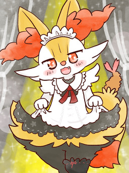 ambiguous_anthro ambiguous_gender anthro biped blush bottomless bottomless_anthro clothed clothed_anthro clothing clothing_lift curtsey cute_fangs digitigrade dipstick_tail dress dress_lift fangs featureless_crotch flat_chested food frilly frilly_clothing front_view head_tilt legwear looking_at_viewer maid_headdress maid_uniform markings object_in_tail open_:3 open_mouth open_smile shrimp_(food) smile solo spotlight standing stockings tail tail_markings teeth uniform annyui0611 nintendo pokemon braixen canid generation_6_pokemon mammal pokemon_(species) 2022 hi_res japanese_description portrait three-quarter_portrait translated_description