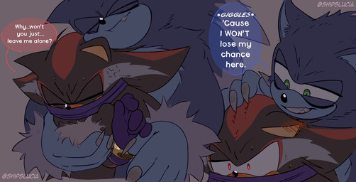 anthro blush blush_lines bodily_fluids claws covered_mouth cross-popping_vein cuddling dialogue duo ear_blush eyes_closed fangs flustered fur larger_male male sharp_teeth size_difference smaller_male speech_bubble sweat sweatdrop teasing teeth shipslucia sega sonic_the_hedgehog_(series) sonic_unleashed shadow_the_hedgehog sonic_the_hedgehog sonic_the_werehog eulipotyphlan hedgehog mammal vampire werecreature wereeulipotyphlan werehog hi_res
