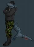 anthro blue_eyes boots camo clothing crossed_arms dreadlocks footwear gills jewelry laced_boots male necklace occult_symbol pentacle pentacle_necklace pentagram scar shoes solo stripes symbol unknown_artist fish marine shark digital_media_(artwork) full-length_portrait portrait