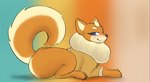 blue_eyes blush blush_lines blushing_at_viewer bottomless clothed clothing curled_tail facial_tuft female feral looking_at_viewer neck_tuft simple_background sitting smile solo tail tuft swoomy pride_(changing_fates) canid canine canis domestic_dog mammal shiba_inu spitz