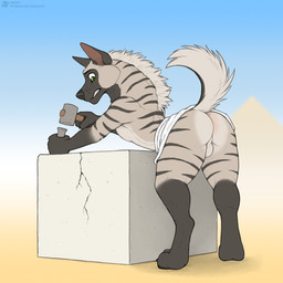 anthro backsack balls bent_over black_nose block butt clenched_teeth clothed clothing digitigrade fur genitals gloves_(marking) grey_body grey_fur hammer leg_markings male mane markings nail perineum raised_tail rock socks_(marking) solo standing striped_body striped_fur stripes tail teeth three-quarter_view tools topless topless_anthro topless_male jishinu hyena mammal striped_hyena 1:1 2025 hi_res