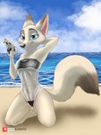 2022 absurd_res anthro arctic_fox beach breasts camel_toe canid canine clothed clothing dipstick_ears dipstick_tail disney ear_markings female fox fur gesture gris_swimsuit hand_behind_head hi_res kneeling link6432 looking_at_viewer mammal markings meme meme_clothing multicolored_ears navel nipple_outline nipples one-piece_swimsuit outside pawpads seaside simple_background skye_(zootopia) smile solo swimwear tail tail_markings translucent translucent_clothing translucent_swimwear true_fox under_boob water waving white_body white_fur zootopia