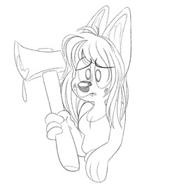 anthro axe big_breasts blood bodily_fluids breasts cleavage clothed clothing eyebrow_through_hair eyebrows female fully_clothed hair holding_axe holding_object inner_ear_fluff long_hair simple_background solo translucent translucent_hair tuft wolfplush wolfie_(wolfplush) canid canine canis mammal wolf 2025 monochrome trans_(lore) trans_woman_(lore)