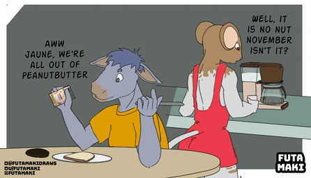 anthro back_towards_viewer beverage breakfast clothing coffee dress duo female furniture making_coffee male shirt simple_background t-shirt table topwear futamaki no_nut_november peanutbutter asinus donkey equid equine mammal murid murine rat rodent hi_res meme