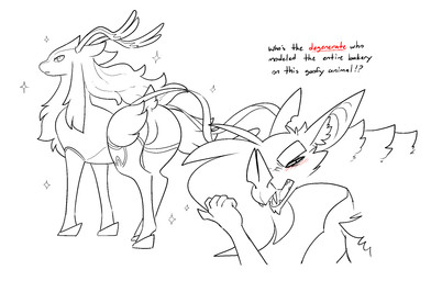 ambiguous_gender anthro antlers bat_ears bat_nose biped blush butt duo fangs feral gesture hair hand_gesture hooves horn male pointing pointing_at_another quadruped sparkles teeth text halbean palworld pocketpair hal_(halbean) bat celesdir mammal pal_(species) 2025 digital_media_(artwork) english_text hi_res sketch