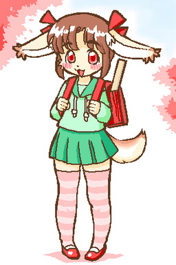 5_fingers accessory adolescent anthro backpack biped blush bottomwear bow_(feature) bow_accessory bow_ribbon brown_hair clothing dipstick_ears dress ear_markings female fingers footwear front_view hair hair_accessory hair_bow hair_ribbon hoodie kemono legwear long_ears looking_at_viewer mary_janes multicolored_ears open_mouth open_smile pleated_skirt randoseru red_eyes ribbons shoes short_hair simple_background skirt smile solo standing sweater tail toony topwear white_background young kin-shun canid canine mammal 2:3 aliasing cel_shading digital_media_(artwork) low_res oekaki shaded