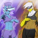 1:1 2014 abs abstract_background anthro anthrofied athletic athletic_anthro athletic_male avian beak biceps blue_body blue_fur bottomwear brown_body brown_feathers bulge clothed clothing clothing_lift crossgender digital_media_(artwork) duo equid equine feathered_wings feathers friendship_is_magic ftm_crossgender fur gilda_(mlp) gryphon hair hasbro hat headgear headwear horn looking_at_viewer male mammal multicolored_hair muscular muscular_anthro muscular_male my_little_pony mythological_avian mythological_creature mythological_equine mythology nipples outline pecs purple_eyes shirt shirt_lift shorts simple_background slypon tail talon_hands tank_top top_hat topwear trixie_(mlp) two_tone_hair unicorn white_body white_feathers wings yellow_eyes