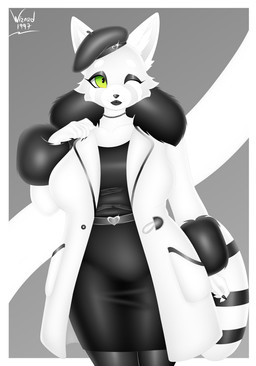 anthro beret clothing coat female hat headgear headwear lips makeup pose smile solo tail topwear bear giant_panda mammal hi_res