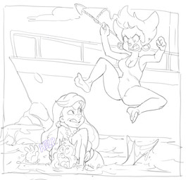 action_scene angry anthro asphyxiation big_breasts boat bra breasts cleavage clothed clothing distressed drowning ear_piercing ear_ring feet female gem group huge_breasts jewelry jumping male midair necklace one-piece_swimsuit partially_submerged pearl_(gem) pearl_necklace piercing ring_piercing sea seashell_bra shipwreck split_form swimwear trio underwear vehicle water watercraft dbaru disney goof_troop peg_pete pete_(disney) aquatic domestic_cat felid feline felis mammal merfolk 2026 hi_res monochrome