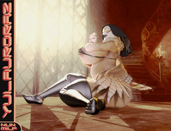 5_toes anthro back_wings big_breasts bikini breasts clothing eyewear feet female glasses huge_breasts jewelry legwear light mature_female nun painted_background slightly_chubby solo stockings sunlight swimwear toes two-piece_swimsuit veil wings avian bird owl 3d_(artwork) digital_media_(artwork) hi_res