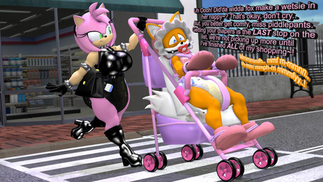 ageplay anthro arm_cuffs bdsm big_breasts black_boots black_clothing black_dress black_footwear black_gloves black_handwear blue_eyes bodily_fluids bondage boots bound bracelet breasts clothed clothing crossdressing dialogue diaper diaper_fetish dress duo eyelashes female footwear forced gag genital_fluids gloves green_eyes handwear humiliation jewelry male male/female mittens muffled muffled_speech object_in_mouth orange_body pacifier pacifier_gag pacifier_in_mouth pink_body public public_humiliation purse restrained roleplay shoes soiled_diaper spiked_bracelet spiked_necklace spikes stroller text unclean_diaper urine used_diaper using_diaper wearing_diaper wet_diaper wetting wetting_diaper bootypatootie sega sonic_the_hedgehog_(series) amy_rose miles_prower canid canine eulipotyphlan fox hedgehog mammal 16:9 3d_(artwork) absurd_res digital_media_(artwork) english_text hi_res widescreen
